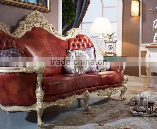 Luxury Solid Wood Red Leather Sofa, Royal Living Room Leather Sofa photo-4