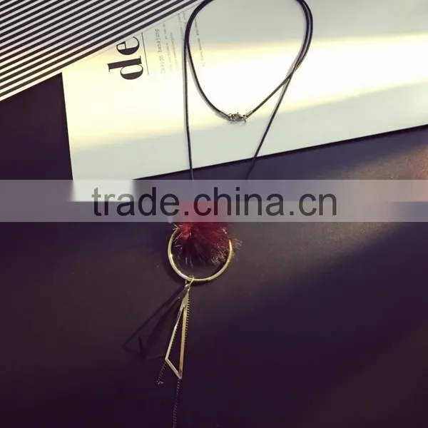Mink Fur Ball Hoop Triangle Pendant Necklace Hot Selling Geometric Necklace photo-4