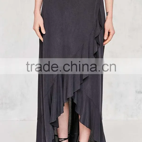 Women Fashion Plain Dyed Spandex Cotton Fashion Summer Ruffle Wrap Long Jersey Maxi Skirt photo-2