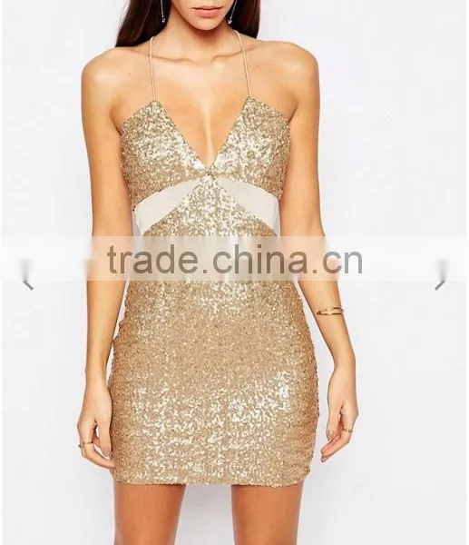Guangzhou Clothing OEM Golden Sequin Mini Dress Sexy Women Dress China Photos photo-3