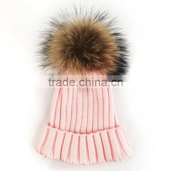 Myfur Wholesale Baby Pink Top Quality Raccoon Fur Pompoms Hat And Cap photo-3