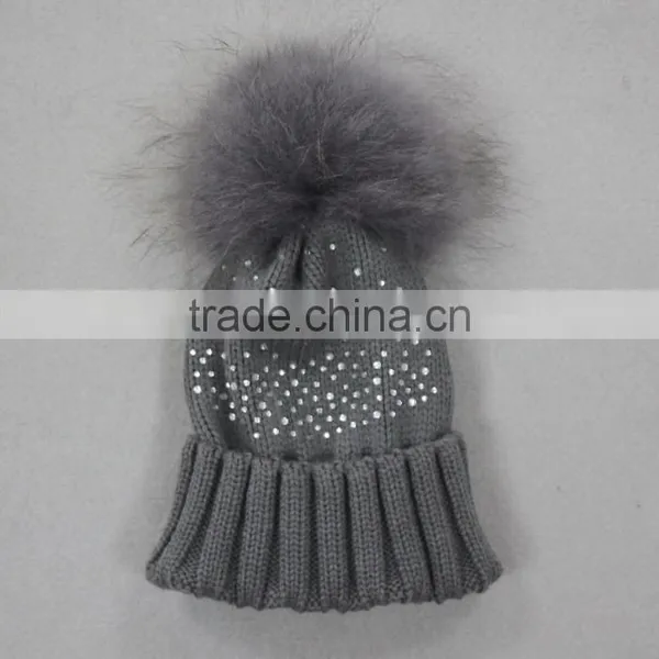 Myfur Elegant White Raccoon Fur Pom Poms Attached Wool Knitting Beanie Hat Wholesale photo-3