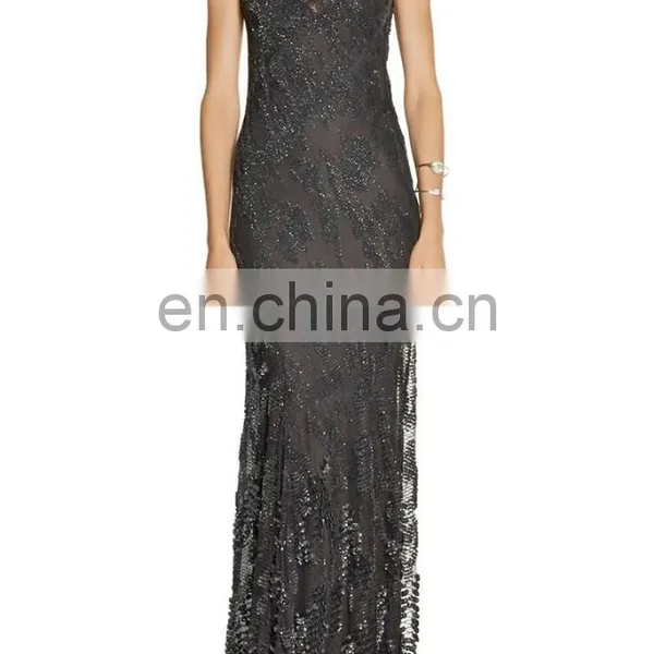 Ladies Long Night Dress Sexy Black Gown Sexy Open Back Dresses Embellished Tulle Evening Gown photo-4