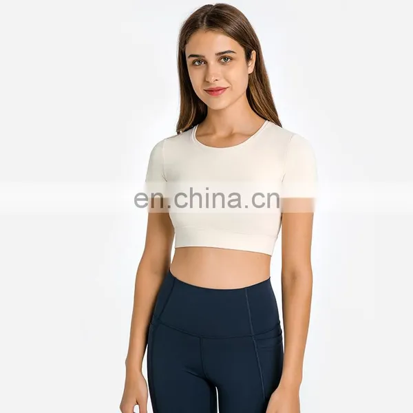 Customization Hot Sale Short Sleeve With Padded T-shirt Ladies Gym Outfit Wear Yoga Crop Top Women Sports Running Tee photo-3