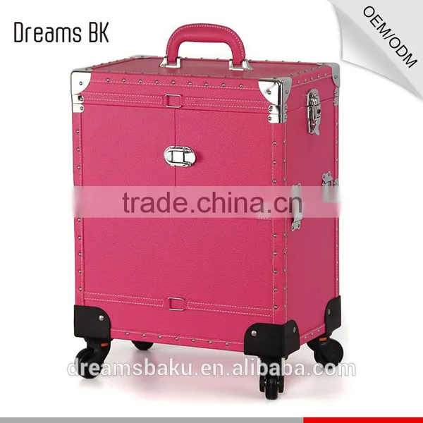 2016 Hot Selling Pink Color Functional Professional Trolley Case Makeup Box Cosmetic Display Case photo-2