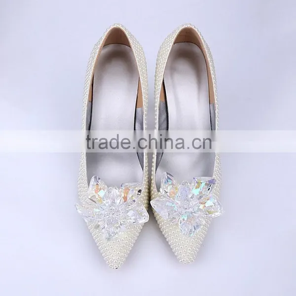 White Pearl Hand Made Wedding High Heel Shoes Most Luxurious Cinderella Dress Shoes High Heels photo-2
