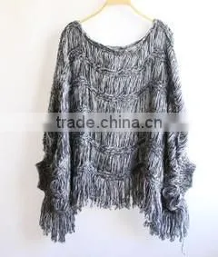 Fashion Lady Batwing Gray Hollow Out Knitted Cardigan Poncho With Tassel