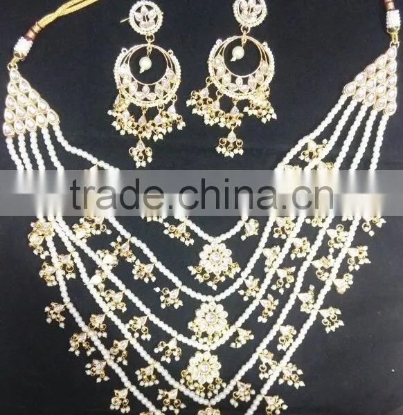 5 Line Bridal KUNDAN Designer Pearl GOLD PLATED Necklace DANGLER EARRING Set photo-5
