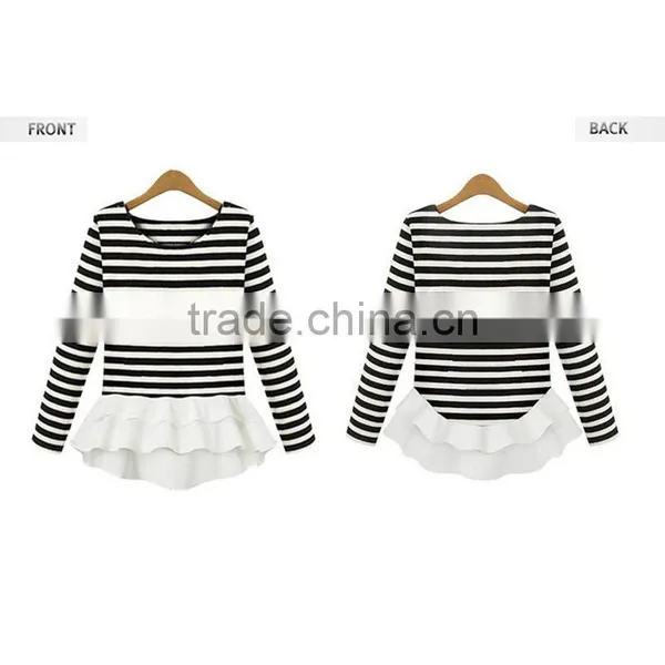 Autumn Latest Design Round Neck Ivory Long Sleeve Chiffon Stitching Knitting Striped Printing t Shirt Design photo-4
