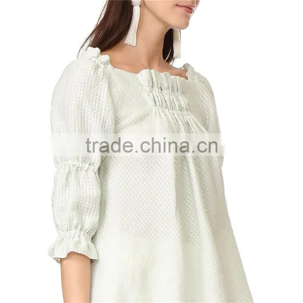 Soft Allover Puckered Weave Mint Linen Stripe Blouse photo-3