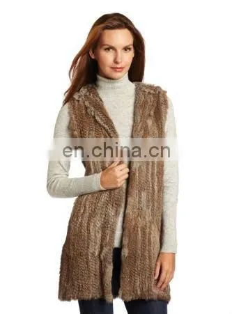 Women's Long Rabbit Fur Knnited Vest With Hood photo-3