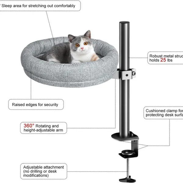 Meow Love Desk Wooden Cat May Desk Bed With 360 Degree Rotating Metal Raised Mount and Comfortable Soft Plush Pet Mat