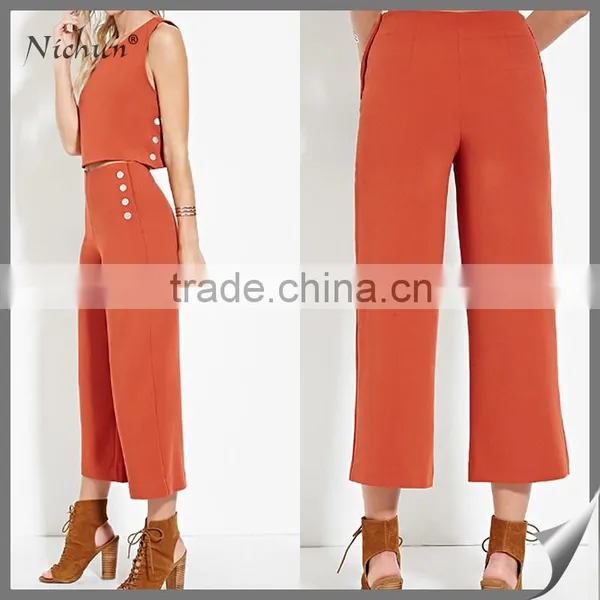 High Quality Navy Wind Button Waist Wide Leg Pants Nine Wide Leg Pants