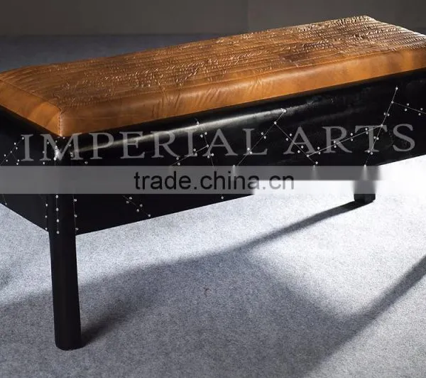 Vintage Aviator Black Finish Bench With Lather Seat