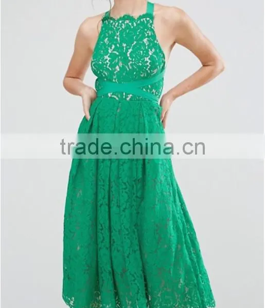 Lace Clothing OEM Square Neck Box-pleat Skirt Prom Dress Fashion Design Midi Prom Dress photo-2