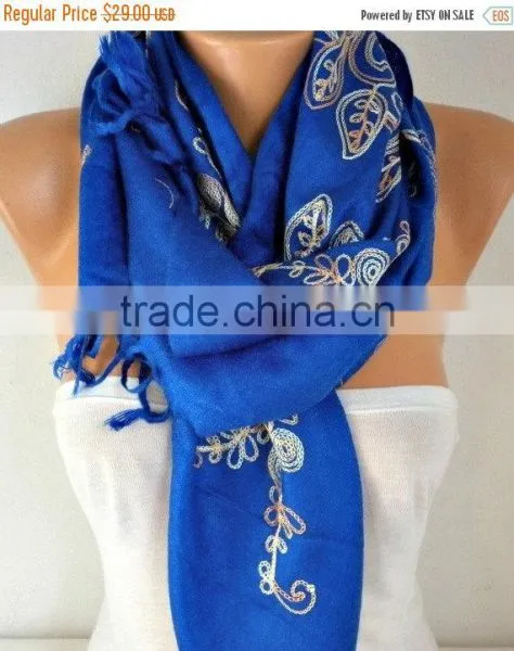 Royal Blue Embroidered Scarf Shawl Cowl Women Fashion Accessories Gift Ideas For Her Women Scarves Best Selling Item Scarf photo-3