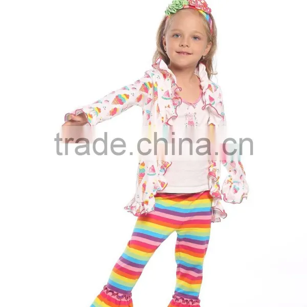 Wholesale Girls Ruffle Sleeve Raglan Fashion Printed Icing Ruffle Raglan Shirt and Pants Girls Clothes Set photo-5