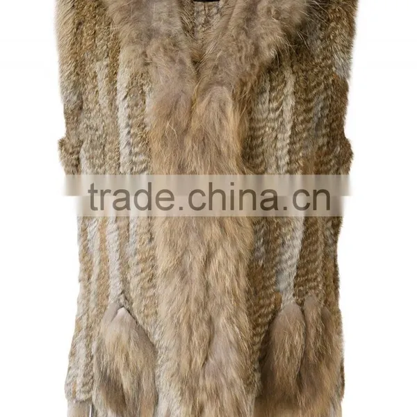 YR006A New Arrive Real Rabbit and Raccoon Hand Knit Vest With Tassels Top Sales Fur Gilet photo-4