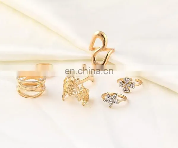 7PCS/Set Fashion Women Gold Hollow Flower Star Rhinestone Ring Sets photo-4