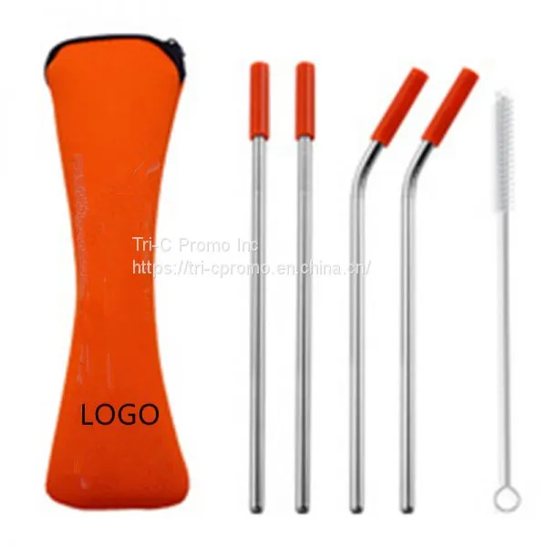 Stainless Steel Drinking Straw With Cleaner in Neoprene Bag OEM Stainless Steel Drinking Straw