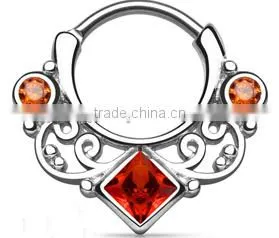 Lace Swirl Gem Square CZ Crystal 316L Surgical Steel Septum Clicker Nose Piercing Body Jewelry