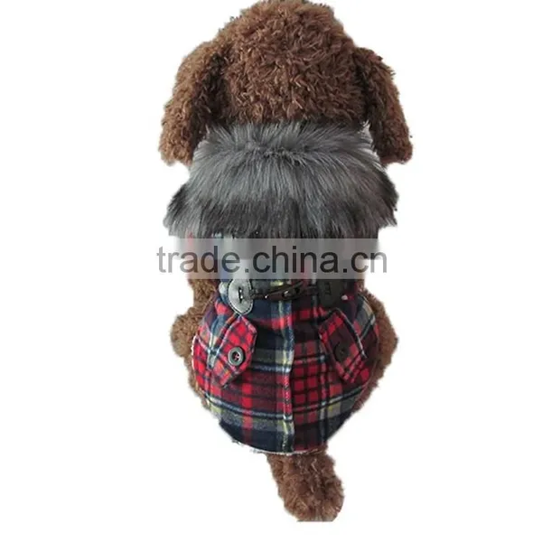 Luxury Fur Collar Horn Buttons Red and Blue Lattice Plaid Dog Coat With Extra Heavy Soft Wool Material Fit for Autumn and Winter photo-2