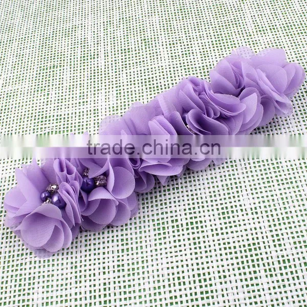 Handmade Chiffon Flower Headband With Pearl Beads Center for Kids Hair Accessories for Baby Girl photo-3