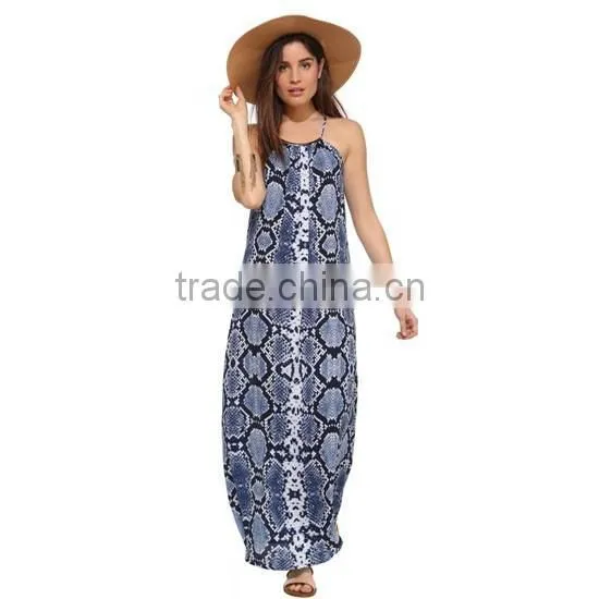 Ladies Fashion Spaghatti Straps Snake Skin Print Long Chiffon Maxi Dress