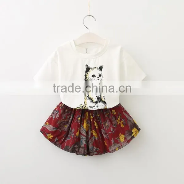 2017 Wholesale Girls Summer Apparel White t Shirt With Cat Print +mini Floral Dress Lothing Set photo-3