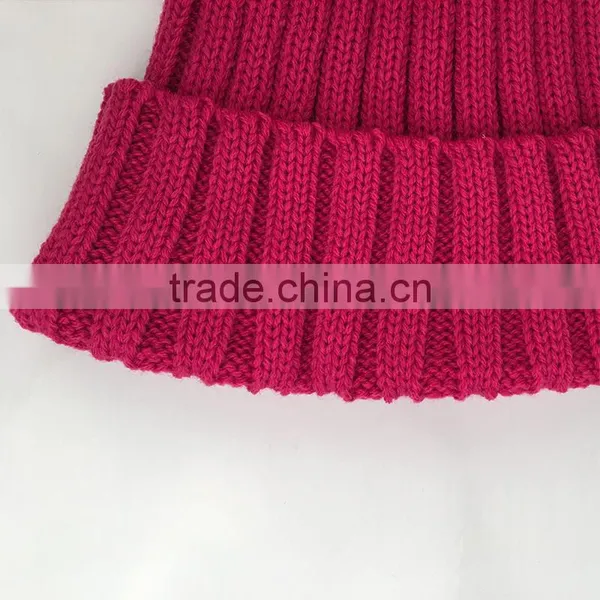 Myfur Hot Pink Rose Winter Wool Knit Hat With Fox Fur Pompom Attached photo-4