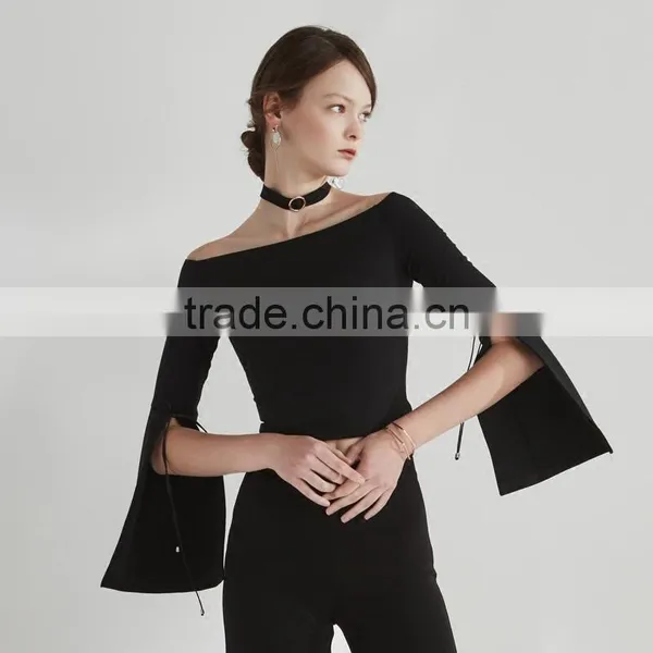 Trumpet Sleeve Round Neck Casual Fashion Lady Blouse for Wholesale photo-2