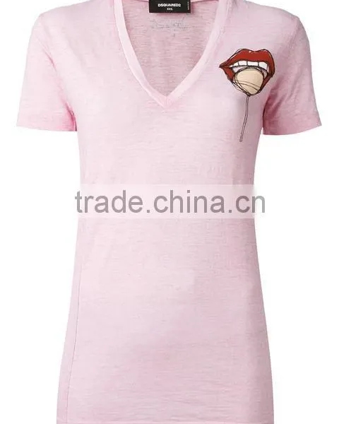 OEM Latest Womens Short Sleeve Custom T Shirt Printing Ladies V Neck Printed T Shirts photo-2