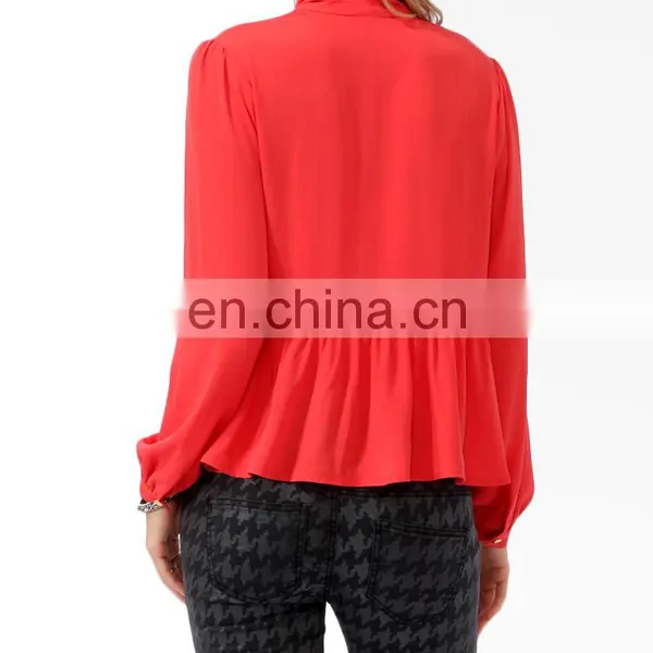 CHEFON Long Sleeve Tie Collar Relaxed Fit Peplum New Model Blouse for Women photo-3