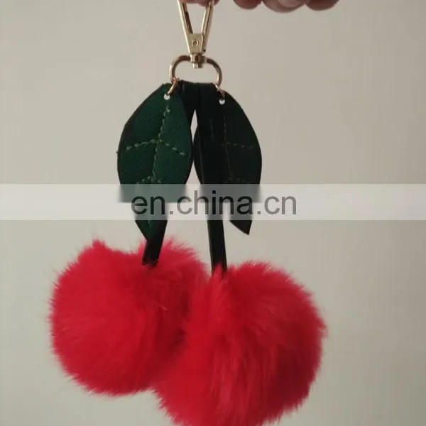Fashion Double Red Faux Fur Ball Bag Charm With Leafs 2016 New Design Pom Pom Keychain photo-3