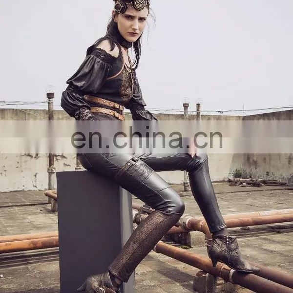 Steampunk Stretchy Vegan Leather and Fleece Lining Leggings photo-3