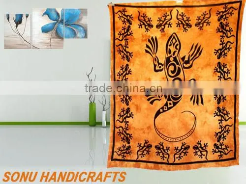 Indian Cotton Tapestry, Lizard Dorm Room, Full Size Bedsheets Golden Wall Decor Bedspread Picnic Blanket Wall Hanging Tapestries
