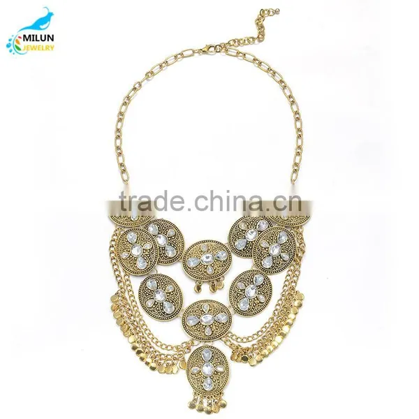 Gold Maxi Necklaces & Pendants for Women Rhinestone Pendant Alloy Multi-layer Chain Fine Jewelry