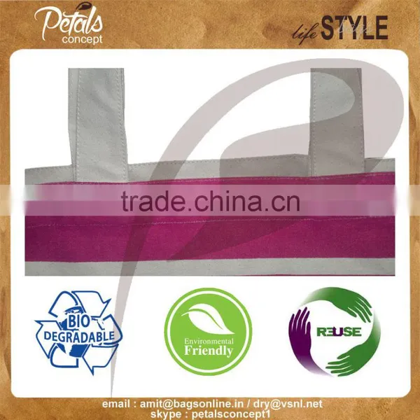 Hot Pink Stripe Print Canvas Tote Bag With Canvas Handle , Brand on Bag With PU Embossed Label photo-2