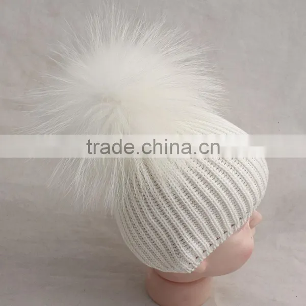 Myfur Baby Knitted Beanie Hat With Removable White Raccoon Fur Pom Poms Wholesale photo-2