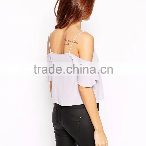 Fashion off the Shoulder Semi Mesh Crop Top Strap Chiffon Tank Top photo-3