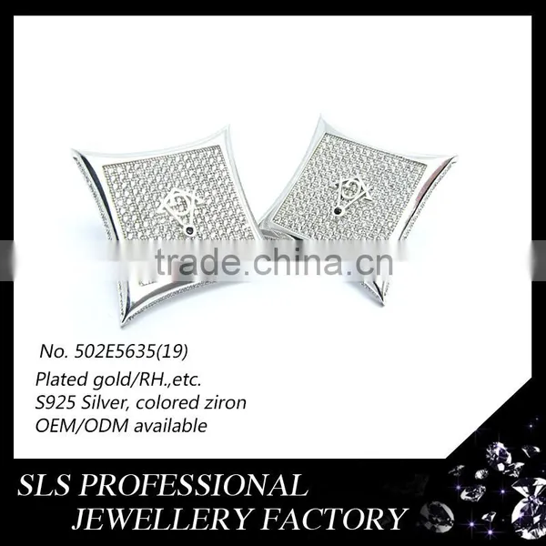 Simple Styles Width 6*6mm CZ Diameter 925 Silver Jewlery Wholesale Rhodium Plated Men's Earrings photo-3