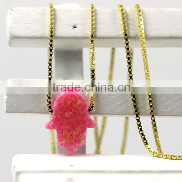 High Quality Synthetic Pink Opal Hamsa/Hand Opal 18K Gold Plated 925 Sterling Silver Box Chain Necklace Made in China photo-5