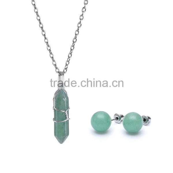 Big Promotion Rose Quartz Natural Stone Bullet Wire Necklace Earrings Jewelry Set SMJ0169 photo-5