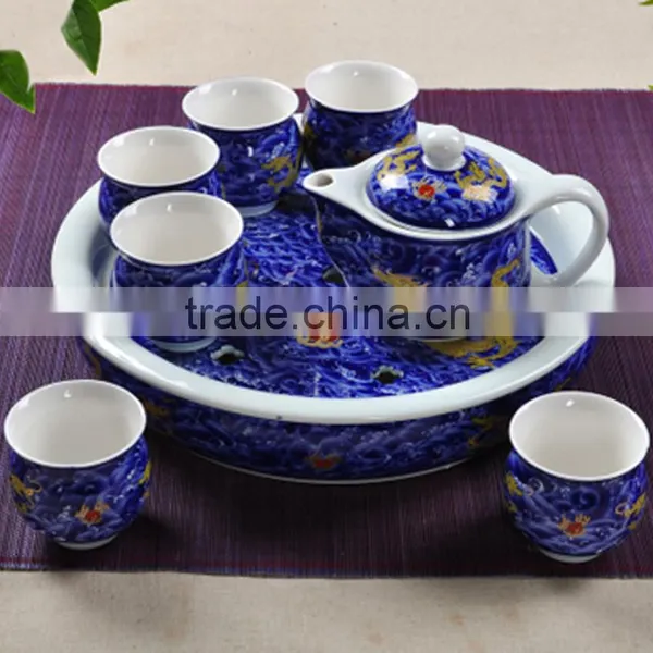 China Wholesale Professional Hand Printing Bone Teaset 350ml Tea Kettle and 6pcs 100ml Teacup and Ceramic Tea Tray photo-2