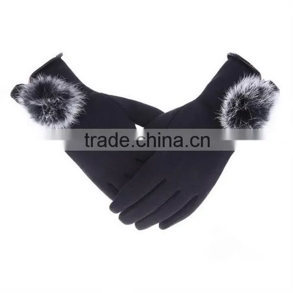 Wholesale Comfortable Winter Girls Rabbit Fur Balls Cuff Thick Wool Gloves photo-2