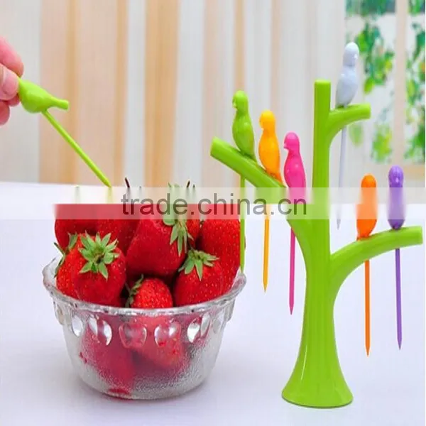 New Style Rainbow Colors Cute Bird Plastic Fruit Fork Set photo-2