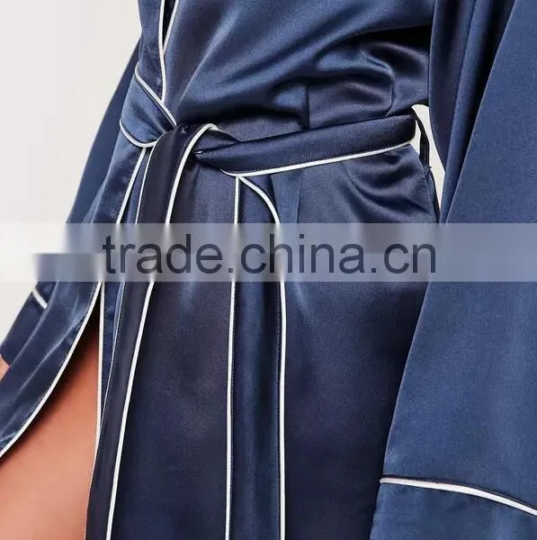 2017 New Arrival Pyjamas Kimono Silk Robe Navy Contrast Piping Embroidered Logo Shirt Dress With Tie Waist photo-3