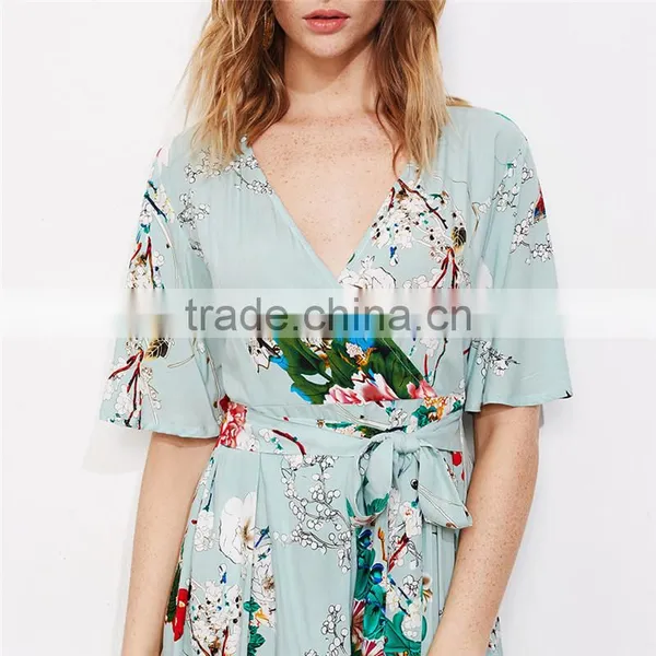 Rayon Floral Print Ladies Romper, Deep V-neck Sexy Half Sleeves Romper photo-5