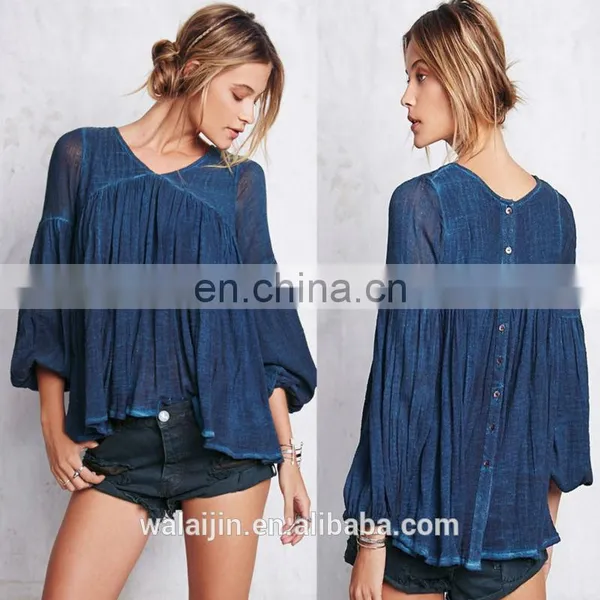 High Quality 3/4 Sleeve Cotton Yarn Babydoll Shirt , Ladies Gauze Shirt photo-2