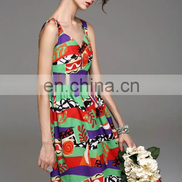 Ladies High Quality Linen v Neck Dress Designs Wide Strap Dress photo-5